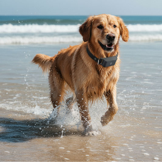 4G GPS pet tracker waterproof beach action photo with dog
