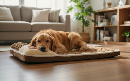 Golden retriever on premium orthopedic pet bed brown
